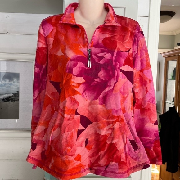 NWT Talbots Vibrant Floral Pink and Orange Quarter-Zip Pullover Medium - Picture 14 of 15